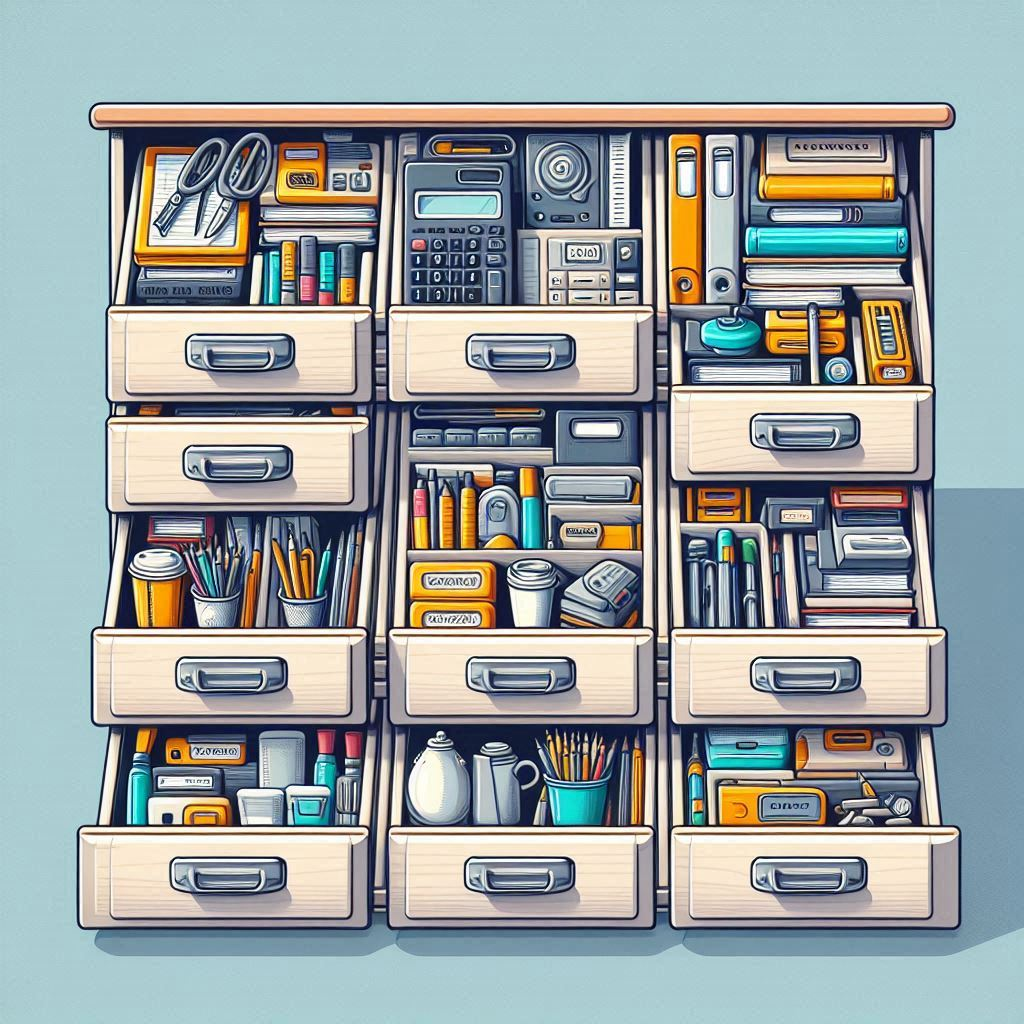 Cartoon-style drawer cabinet with open drawers neatly filled with office supplies, stationery, books, and drinks.