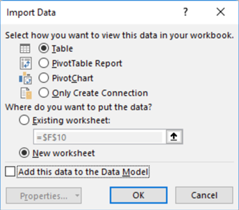 Excel “Import Data” dialog box with options to import as a table, PivotTable, or PivotChart into a new or existing worksheet.