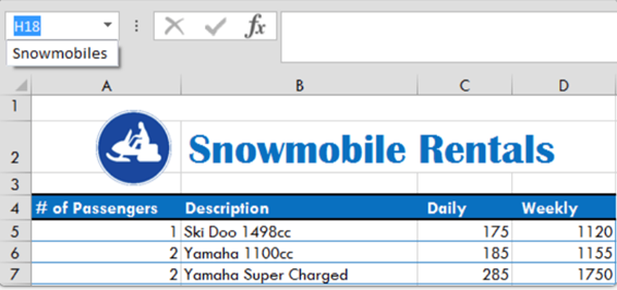 Spreadsheet titled “Snowmobile Rentals” with a table showing snowmobile descriptions, number of passengers, and daily rentals