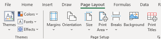 Excel “Page Layout” tab showing options for Themes, Margins, Orientation, Size, Print Area, Breaks, Background, Print Titles