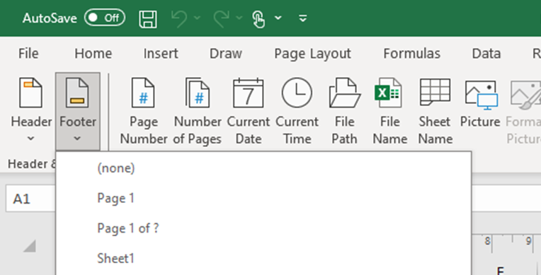 Excel header and footer tools showing options to insert Footer, Page Number, Date, Time, File Path, File Name, and Sheet Name