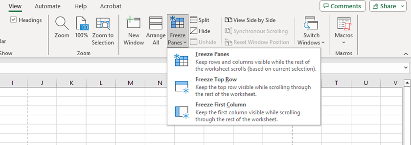 Excel “View” tab with the “Freeze Panes” menu open, showing options to freeze panes, top row, or first column.