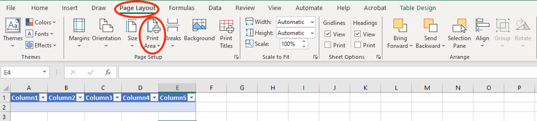 Excel “Page Layout” tab with “Print Area” highlighted, showing where to set or clear the printable area for selected cells.