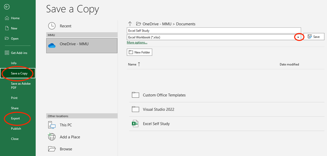 Excel “Save a Copy” screen showing save location, file name, file type dropdown, and “Save” button; “Export” is highlighted