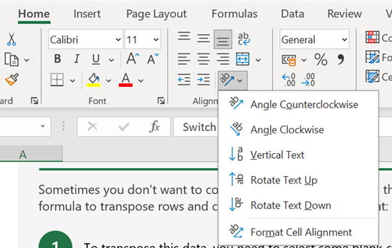 Excel “Home” tab showing text alignment options with a dropdown for rotating or angling text and formatting cell alignment.