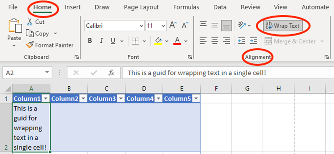 Excel “Home” tab with “Wrap Text” highlighted under the Alignment section, showing wrapped text in cell A2 of a table