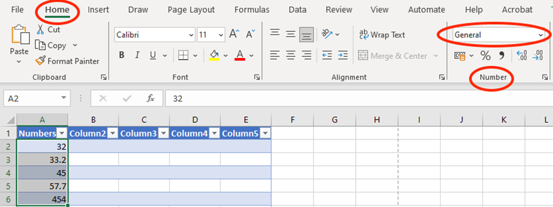 Excel “Home” tab with the Number format drop-down highlighted, showing selected cells in column A ready for formatting.