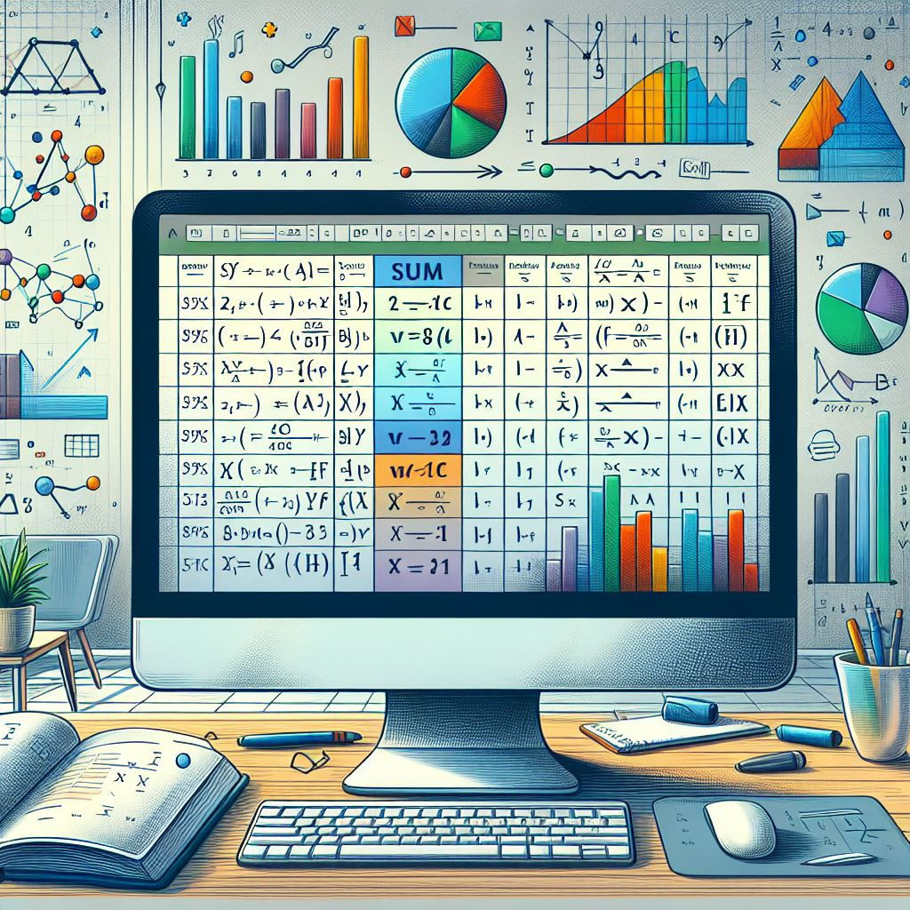Illustrated spreadsheet on a monitor with colourful charts, formulas, and graphs around a maths-themed workspace.